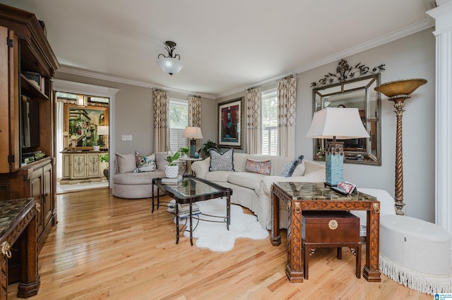 living room featuring ornamental molding and light wood-type flooring