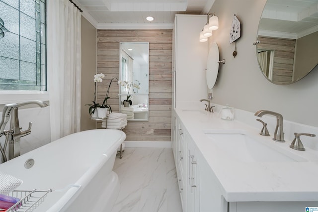 bathroom featuring wooden walls, a washtub, and vanity