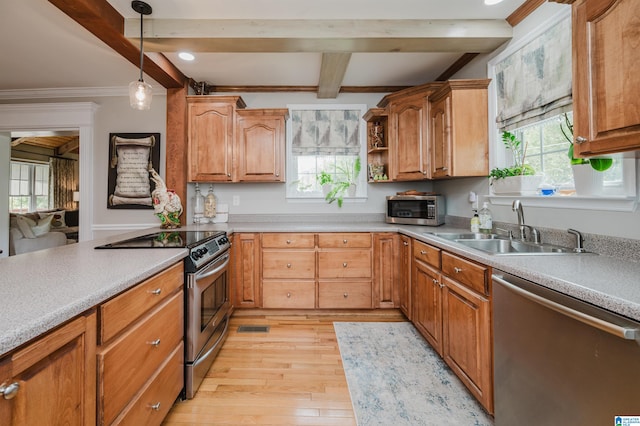 kitchen featuring ornamental molding, sink, decorative light fixtures, appliances with stainless steel finishes, and light wood-type flooring