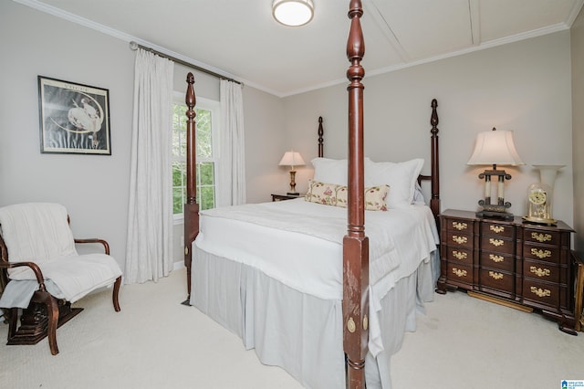 carpeted bedroom with ornamental molding