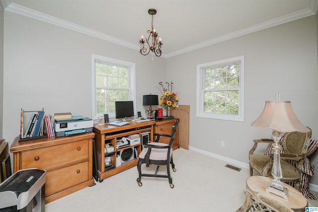 carpeted office featuring ornamental molding and an inviting chandelier