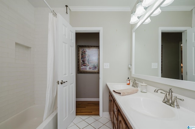 bathroom featuring shower / bathtub combination with curtain, tile patterned floors, vanity, and crown molding