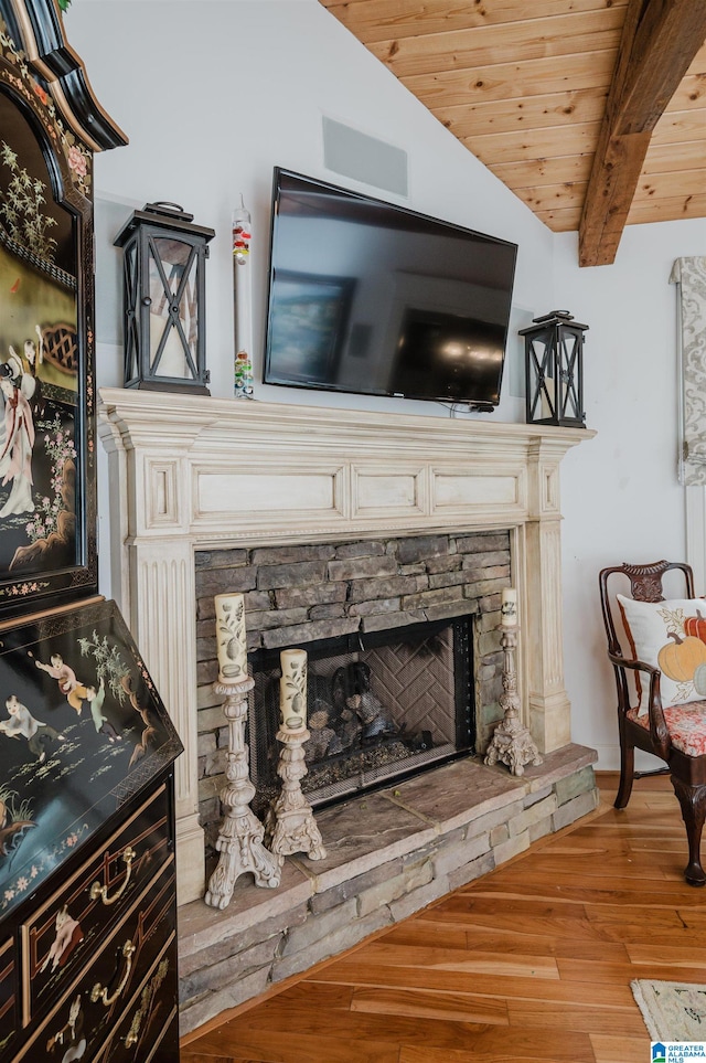 details with beamed ceiling, a fireplace, hardwood / wood-style floors, and wood ceiling