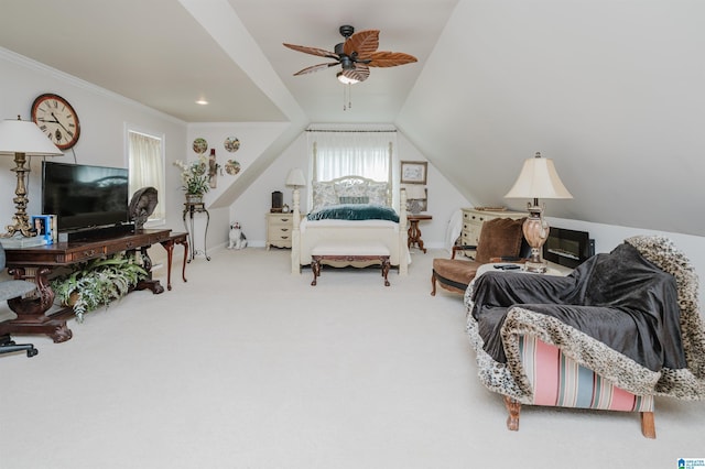 477 Seales Rd, Helena, AL 35022 - bedroom with a ceiling fan, ornamental molding, vaulted ceiling, and carpet floors