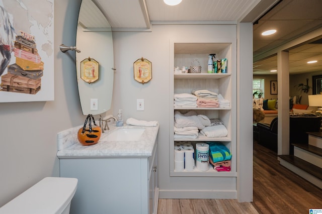 bathroom with vanity, toilet, and hardwood / wood-style flooring