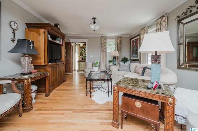 living room featuring light wood-type flooring and crown molding