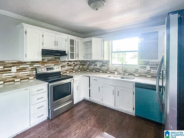 kitchen with sink, white cabinetry, stainless steel appliances, dark hardwood / wood-style flooring, and decorative backsplash