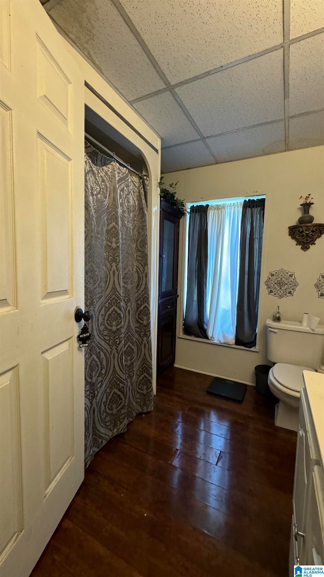 bathroom featuring vanity, a drop ceiling, hardwood / wood-style floors, and toilet