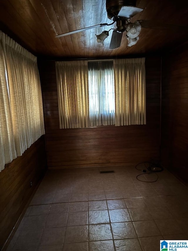 unfurnished room featuring wood ceiling, wood walls, and ceiling fan