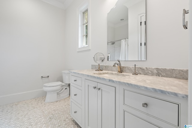 bathroom with walk in shower, crown molding, vanity, and toilet