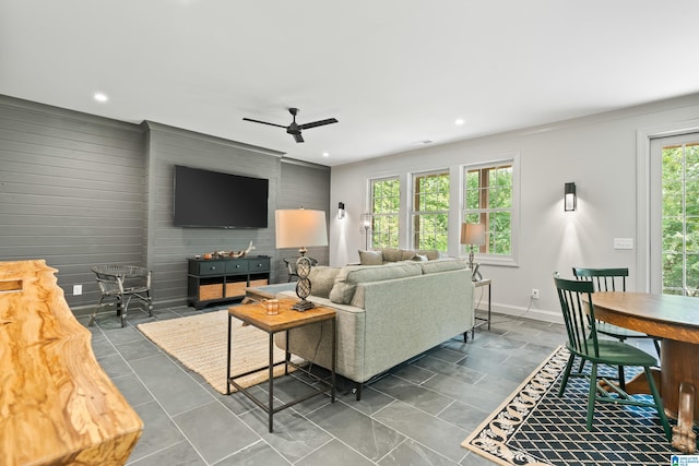 living room featuring ceiling fan