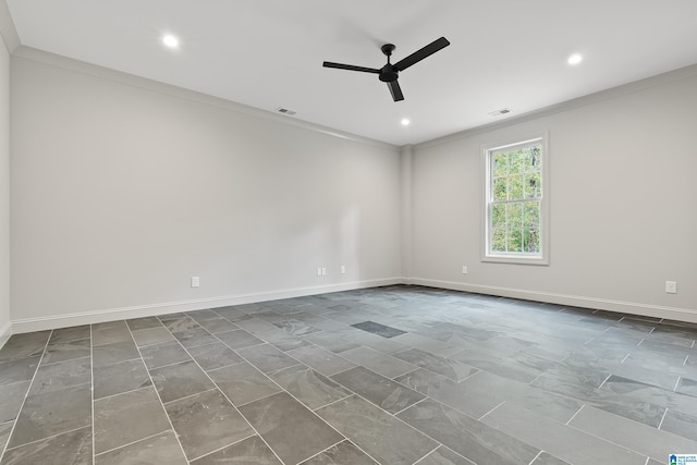 unfurnished room with ornamental molding and ceiling fan