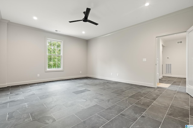 empty room with crown molding and ceiling fan