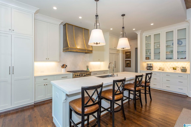 kitchen with white cabinets, custom exhaust hood, dark hardwood / wood-style floors, and sink