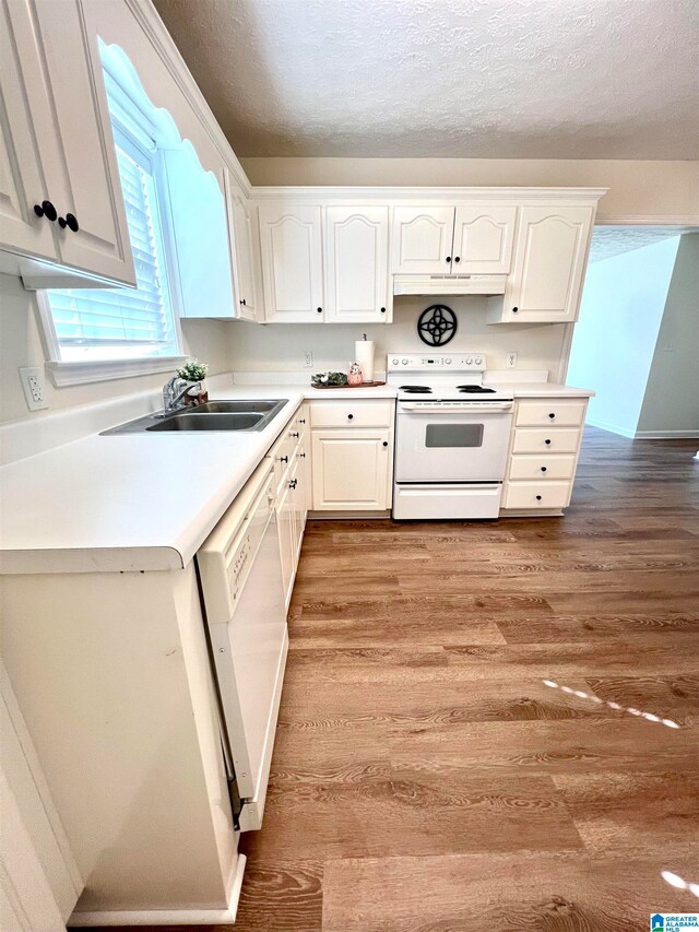 kitchen featuring light wood-type flooring, white appliances, and white cabinetry