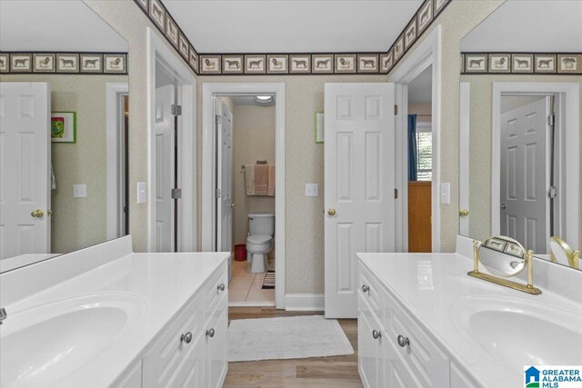 bathroom with vanity, toilet, and wood-type flooring