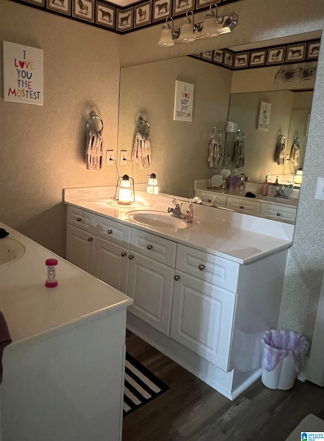 bathroom with vanity and hardwood / wood-style floors