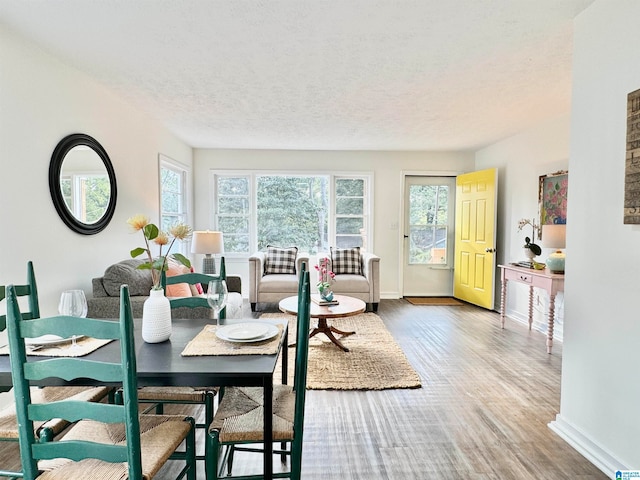 dining area with a textured ceiling and hardwood / wood-style flooring