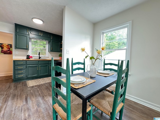 dining space with a textured ceiling, dark hardwood / wood-style flooring, sink, and plenty of natural light