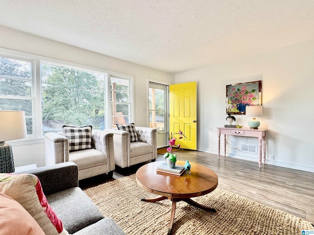 living room featuring hardwood / wood-style flooring, a textured ceiling, and a wealth of natural light