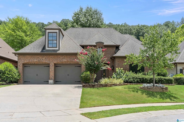 view of front of house with a garage and a front lawn