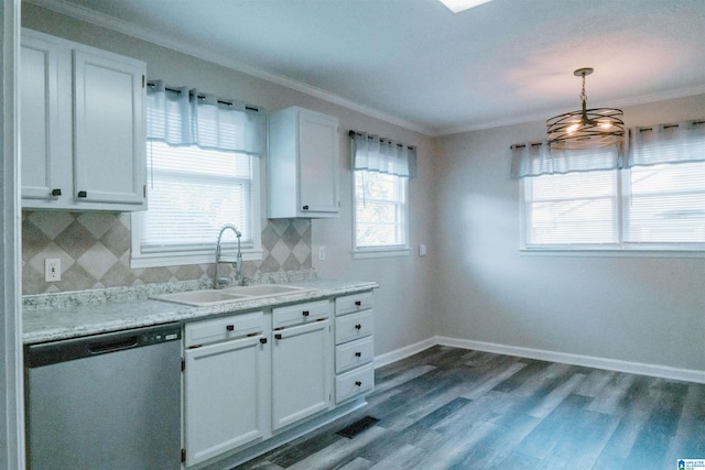 kitchen featuring dishwasher, sink, white cabinets, crown molding, and dark hardwood / wood-style flooring