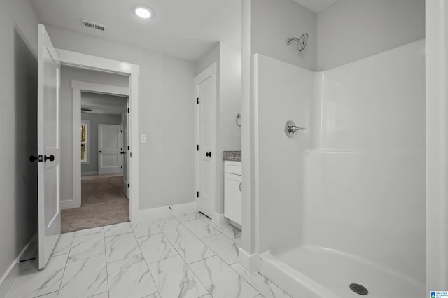 1121 Grey Oaks Vly, Pelham, AL 35124 - bathroom with a stall shower, baseboards, marble finish floors, and recessed lighting