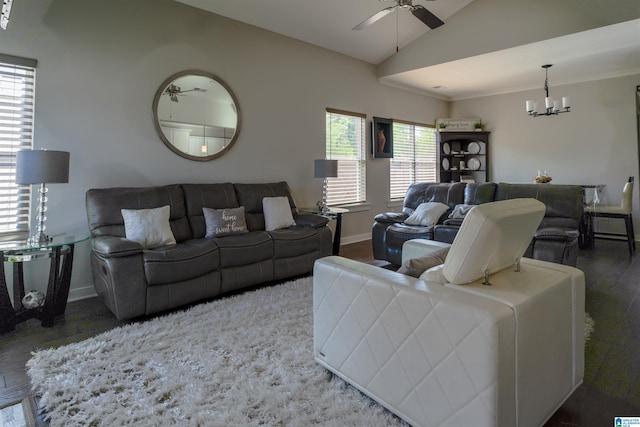 617 Windmill Cir, Helena, AL 35080 - living room with a ceiling fan, wood finished floors, lofted ceiling, a chandelier, and baseboards