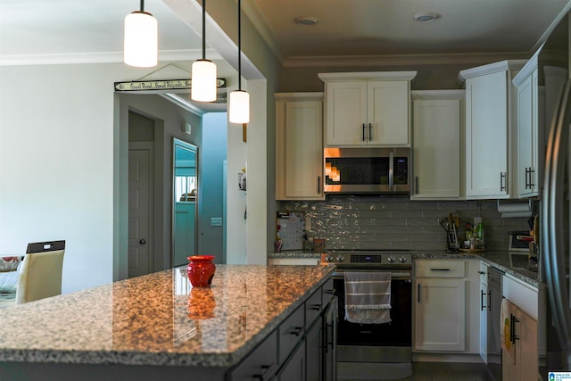 kitchen with backsplash, stainless steel appliances, light stone countertops, and white cabinets