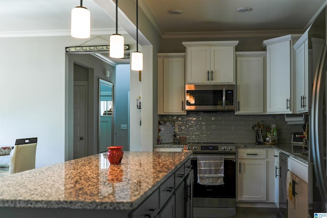 617 Windmill Cir, Helena, AL 35080 - kitchen with stainless steel appliances, ornamental molding, backsplash, light stone countertops, and hanging light fixtures