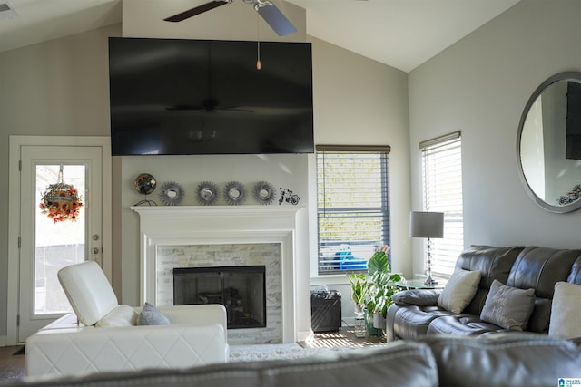 617 Windmill Cir, Helena, AL 35080 - living room featuring lofted ceiling, ceiling fan, and a high end fireplace