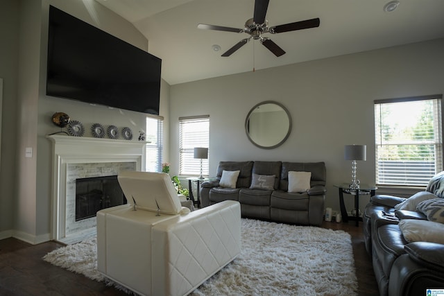 617 Windmill Cir, Helena, AL 35080 - living area featuring ceiling fan, a stone fireplace, wood finished floors, baseboards, and high vaulted ceiling