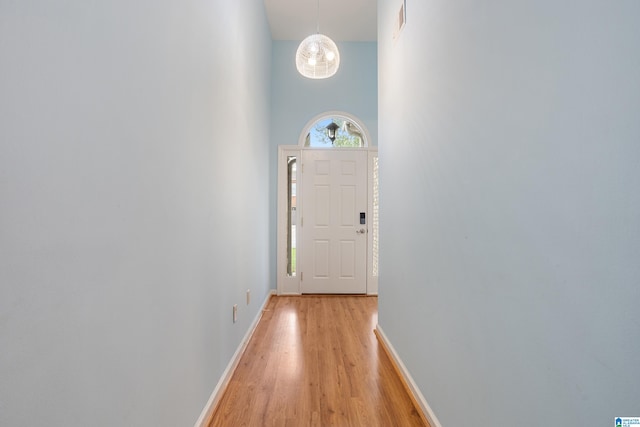 hall featuring a high ceiling and light wood-type flooring