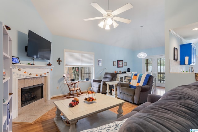 living room with ceiling fan, a healthy amount of sunlight, a fireplace, and light hardwood / wood-style flooring