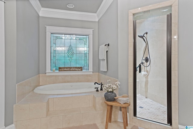 bathroom with shower with separate bathtub, tile patterned flooring, and ornamental molding