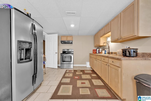 kitchen featuring ventilation hood, stainless steel appliances, light brown cabinetry, and sink