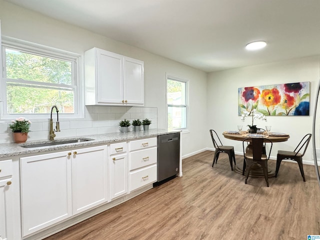 kitchen with white cabinets, sink, tasteful backsplash, dishwasher, and light wood-type flooring