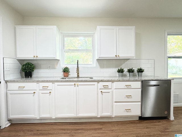 kitchen featuring sink, dark hardwood / wood-style floors, white cabinetry, and stainless steel dishwasher