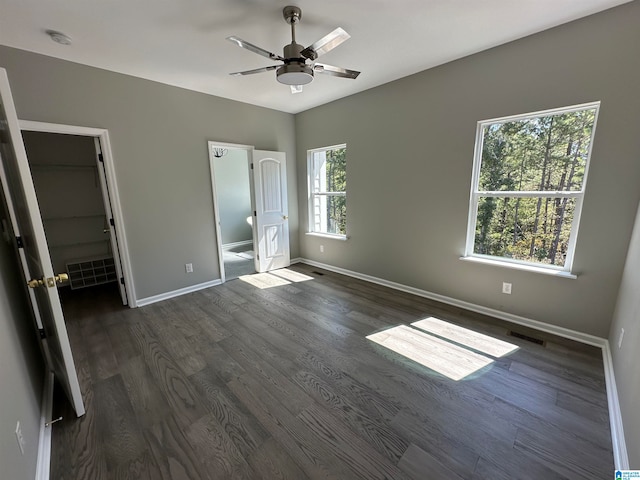 unfurnished bedroom with a spacious closet, dark wood-type flooring, ceiling fan, and a closet