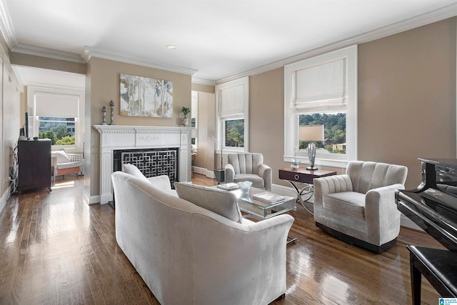 living room with ornamental molding, plenty of natural light, and dark hardwood / wood-style flooring