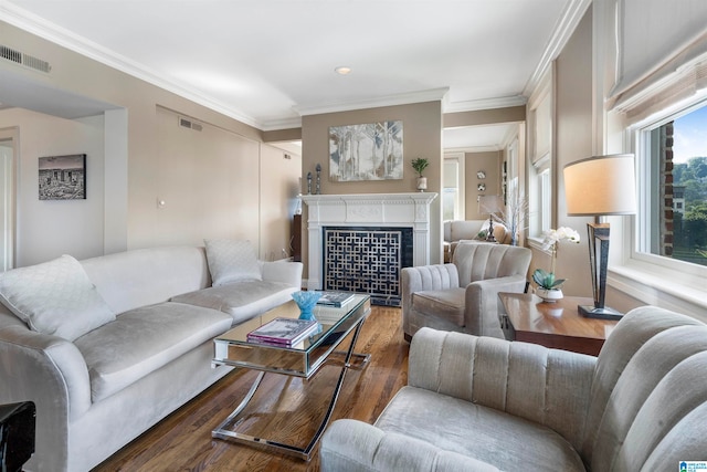 living room featuring ornamental molding, a fireplace, and dark hardwood / wood-style flooring