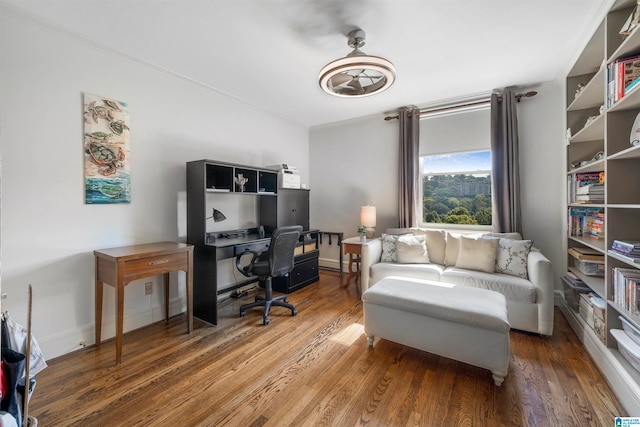 office with dark hardwood / wood-style floors and ornamental molding