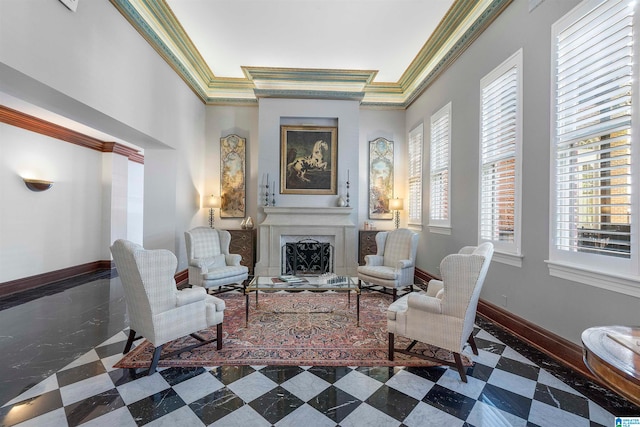 living area featuring a premium fireplace and ornamental molding