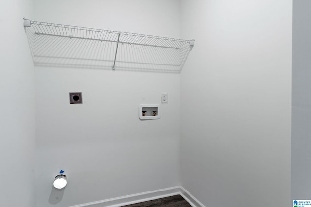 laundry area with hookup for a washing machine, baseboards, dark wood-style floors, electric dryer hookup, and laundry area