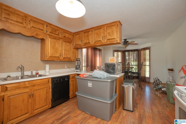 kitchen featuring ceiling fan, dishwasher, light hardwood / wood-style flooring, and sink