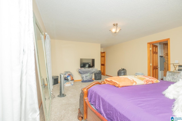 carpeted bedroom with a textured ceiling