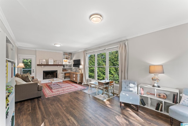 living room featuring a fireplace, ornamental molding, and dark hardwood / wood-style flooring