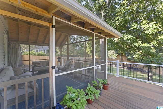 2825 Cahawba Trl, Birmingham, AL 35243 - wooden terrace with a sunroom, outdoor lounge area, and fence