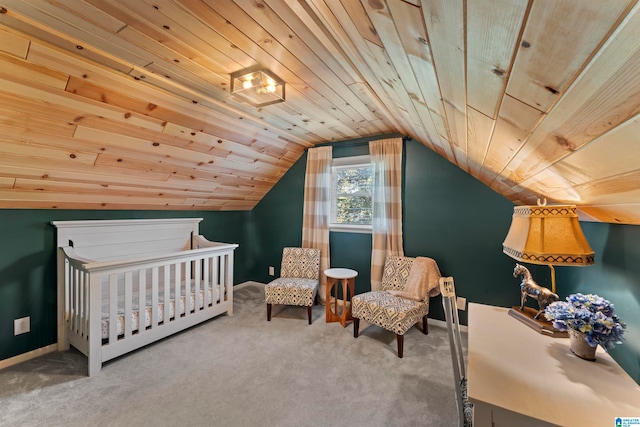 bedroom with wooden ceiling, lofted ceiling, carpet flooring, and a nursery area