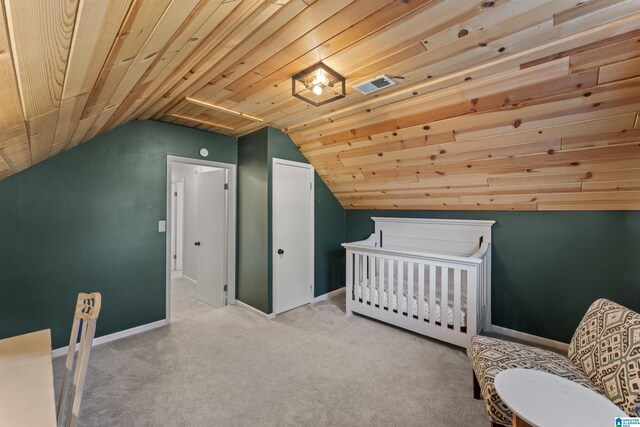 2825 Cahawba Trl, Birmingham, AL 35243 - carpeted bedroom featuring a nursery area, baseboards, wooden ceiling, and vaulted ceiling